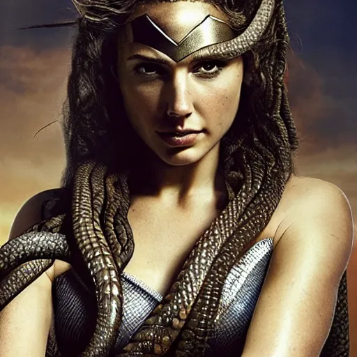 Image similar to Full body photo of the beautiful woman Gal Gadot as Medusa the greek goddess, she has those characteristic snakes coming out of her head, she is looking straight to the camera, she has a glow coming from her, she is getting illuminated for rays of light, behind her is a scary atmosphere, the photo was taking by Annie Leibovitz, matte painting, oil painting, naturalism, 4k, 8k