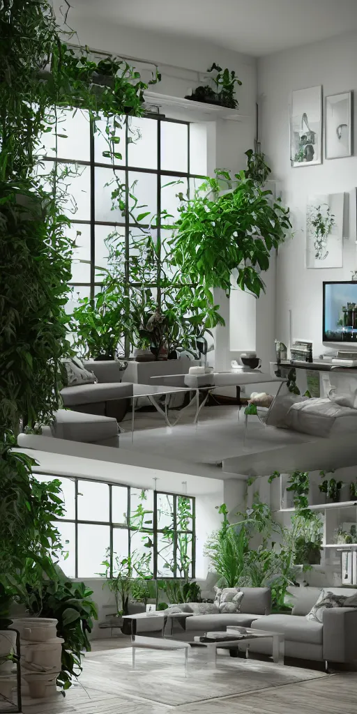 Prompt: living room with plants, future, cityscape, v - ray, corona render, hyper realistic, ultra detailed