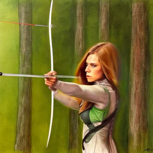 Prompt: a female archer shooting an arrow in forest, dramatic, hyper realism, trending on artstarion