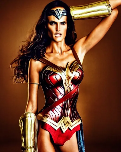 Prompt: photoshoot of model izabel goulart as wonder woman, hyperreal, studio lighting, photography in the style of mario testino