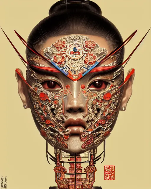 Image similar to portrait of a machine, machine face, upper half portrait, decorated with chinese opera motifs, asian, bian lian, traditional chinese art, intricate, elegant, highly detailed, symmetry, digital painting, artstation, concept art, smooth, sharp focus, illustration, art by artgerm and greg rutkowski and alphonse mucha, 8 k