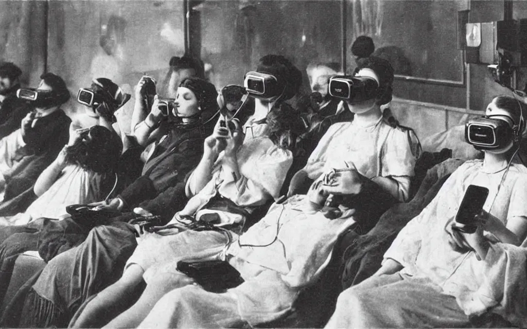 Prompt: 1 9 0 0 s photo of people using iphones ipods virtual reality headsets vr watching hd tv in a movie theater intravenous tube in their arms