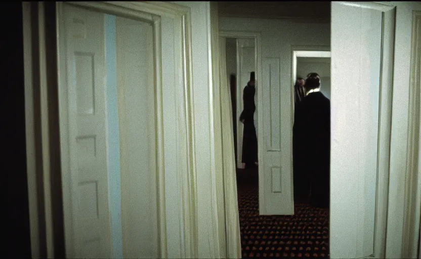 Image similar to Backrooms in the shining by stanley kubrick, shot by 35mm film color photography