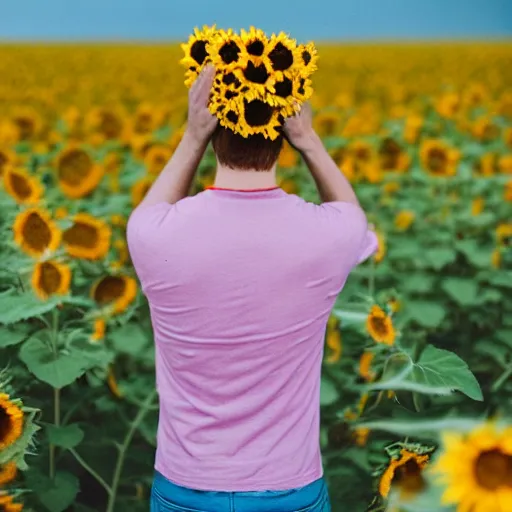 Prompt: kodak portra 4 0 0 photograph of a skinny blonde guy standing in field of sunflowers, back view, flower crown, moody lighting, telephoto, 9 0 s vibe, blurry background, vaporwave colors, faded!,