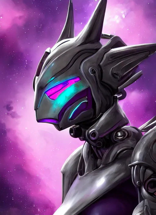 Image similar to cinematic bust shot, cosmic sized proportional stunning beautiful hot female warframe, detailed robot mecha female dragon head, metal ears purple eyes, sleek silver armor, fuschia skin, floating in empty space, nebula sized, posing elegantly, epic proportions, epic size, epic scale, furry art, dragon art, giantess art, warframe fanart, furaffinity, deviantart