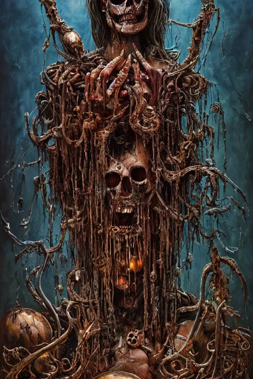 Prompt: a hyper intricate oil portrait of a goddess of death, drip painting, skulls, excellent composition, wide shot, by zdzislaw beksinski, intricate, horror atmosphere, unreal engine 5 highly rendered, global illumination