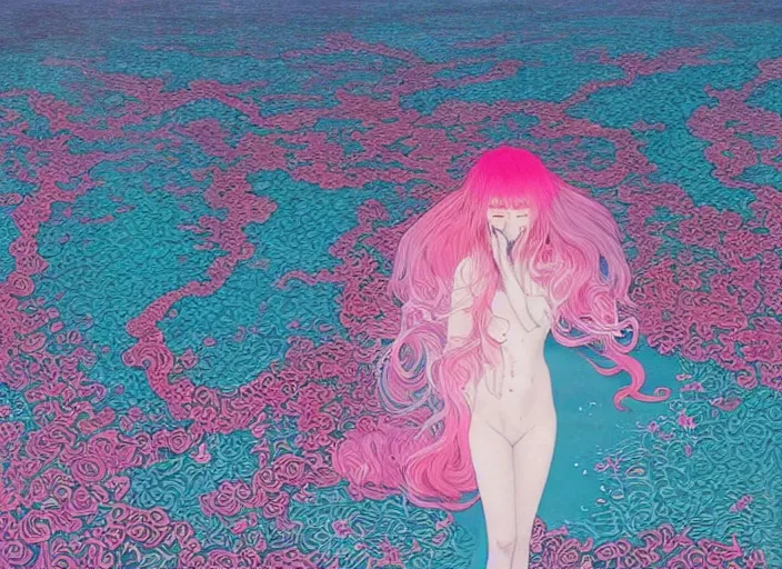 Image similar to lee jin - eun in luxurious flowery dress emerging from pink and turquoise water in salar de uyuni with the ground reflecting the aurora borealis by takato yamamoto, james jean, conrad roset, ruan jia, martine johanna, rule of thirds, elegant look, beautiful, chic, face anatomy, cute complexion