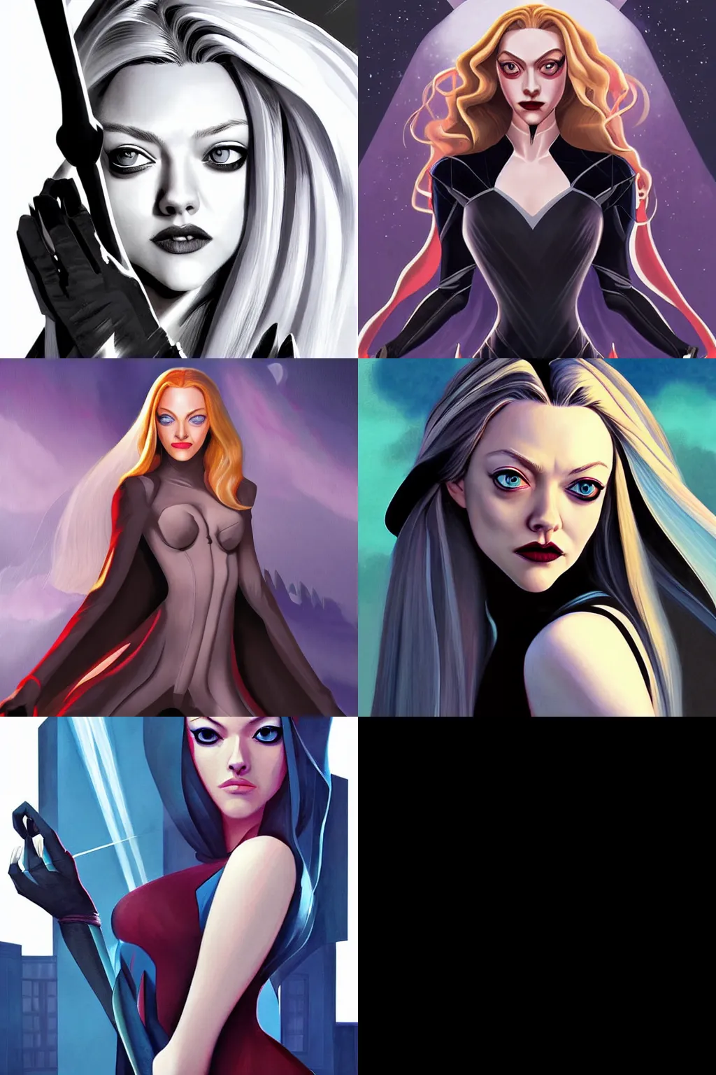 Prompt: a beautiful painting of Amanda Seyfried as a dark wizard by Bruce Timm and Ross Tran, highly detailed digital art, anime, magical