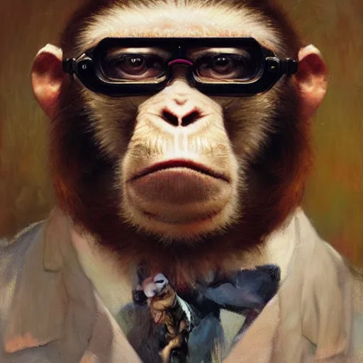 Image similar to portrait of a monkey doctor, artwork by gaston bussiere, craig mullins, trending on artstation, monkey dressed as a scientist, using googles and wearing a doctor coat