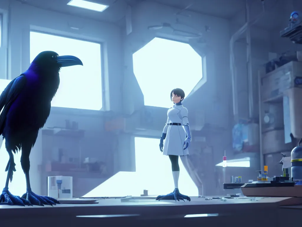 Prompt: a wholesome key shot of a raven android in a lab, pure white, low shot angle, studio ghibli, pixar and disney animation, sharp, rendered in unreal engine 5, anime key art by greg rutkowski and nixeu, full bloom, vibrant lighting