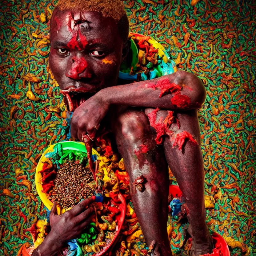 Prompt: a very colorful and beautiful ( flesh - eating ) tsikalawa, eating the leg of a terrified man, standing on top of a mountain of maggots, schizophrenic hallucination, by alexandro judorowski and basia tran, fear, morbid, nightmare, supernatural, 8 k, digital art, highly detailed, chiaroscuro, creepy, terrifying