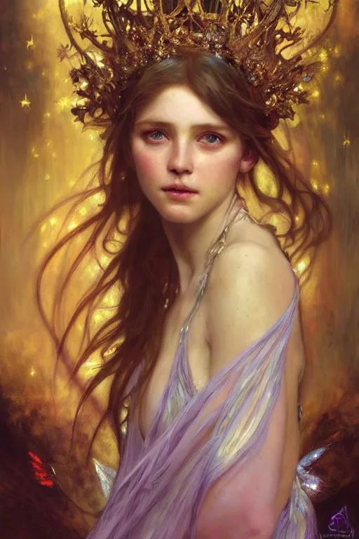 Image similar to hyperrealist portrait of a fairy girl emperorit is decorated with long robes that fall like stars and wears a huge crown. by jeremy mann and alphonse mucha, fantasy art, photo realistic, dynamic lighting, artstation, poster, volumetric lighting, very detailed faces, 4 k, award winning