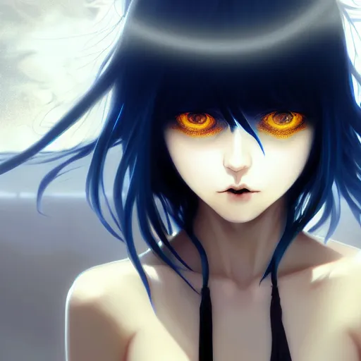 Image similar to two gold eyes on a long blue - haired girl with bangs gothic anime character noir, screenshot, anime, sharp focus, intricate, illustration, cell shaded, digital painting, highly detailed, concept art, matte, art by ilya kuvshinov, wlop, and greg rutkowski, studio quality, james jean, artem demura