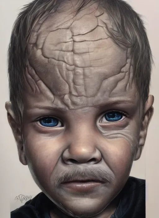 Prompt: portrait of a 7 year old boy, with old wrinkly skin and a scruffy beard, very detailed eyes, hyperrealistic, very detailed painting by Glenn Fabry, by Joao Ruas, by Artgerm