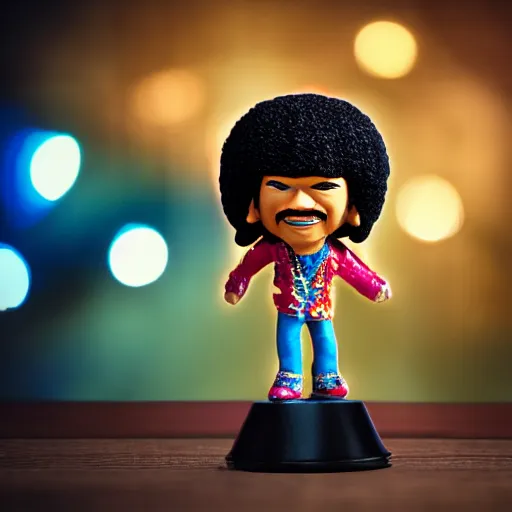 Prompt: close up of photo of Jimmy Hendrix bobble head holding a guitar on table top with fairy lights in the background, thin dof, soft lighting, realistic, swirly bokeh