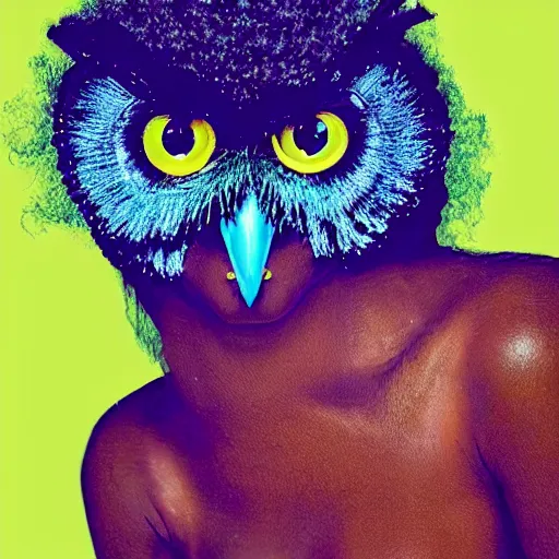 Image similar to 1 9 7 0 s disco era glamour shot of an owl with an afro