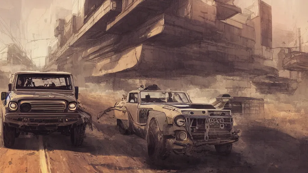 Image similar to digital illustration of mad max's fj 4 0 pursuit special, the last v 8 interceptor driving down a deserted cyberpunk highway in the middle of the day by studio ghibli, anime style, by makoto shinkai, ilya kuvshinov, lois van baarle, rossdraws, basquiat