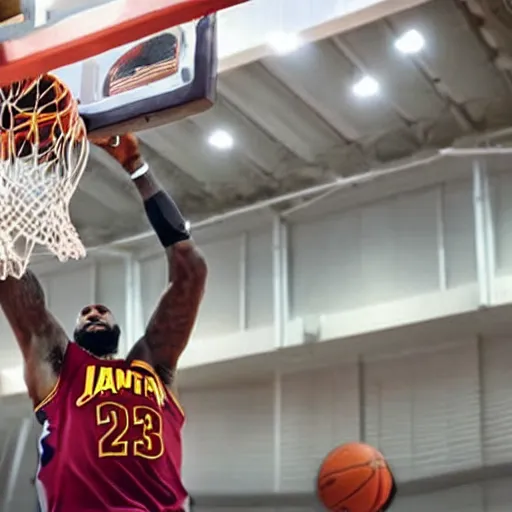 Prompt: lebron james dunking on a toy basketball hoop