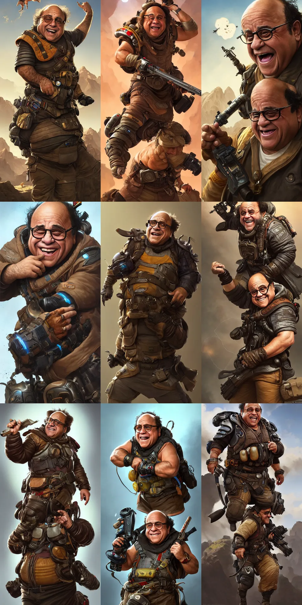 Prompt: danny devito an apex legends character a action shot digital illustration portrait design by, mark brooks and brad kunkle detailed, gorgeous lighting, wide angle action dynamic portrait one subject, one character