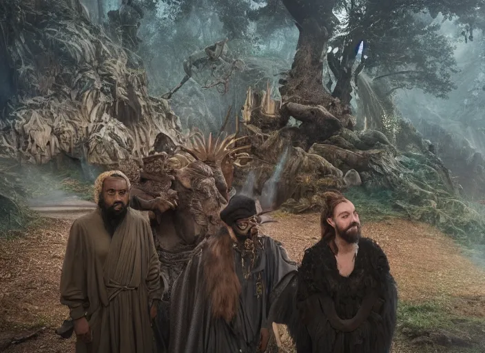 Prompt: medium format photograph of a movie set for a fantasy movie about kanye west, detailed, by joop geesink, wes anderson, jim henson, brian froud, breathtaking, 8 k resolution, beautiful lighting, studio light, extremely detailed, establishing shot, realistic materials, hasselblad!!!, hyperrealistic