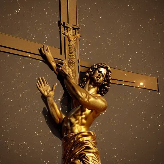 Image similar to gold statue of jesus on the cross, shiny, splash art, movie still, cinematic lighting, dramatic, octane render, long lens, shallow depth of field, bokeh, anamorphic lens flare, 8k, hyper detailed, 35mm film grain