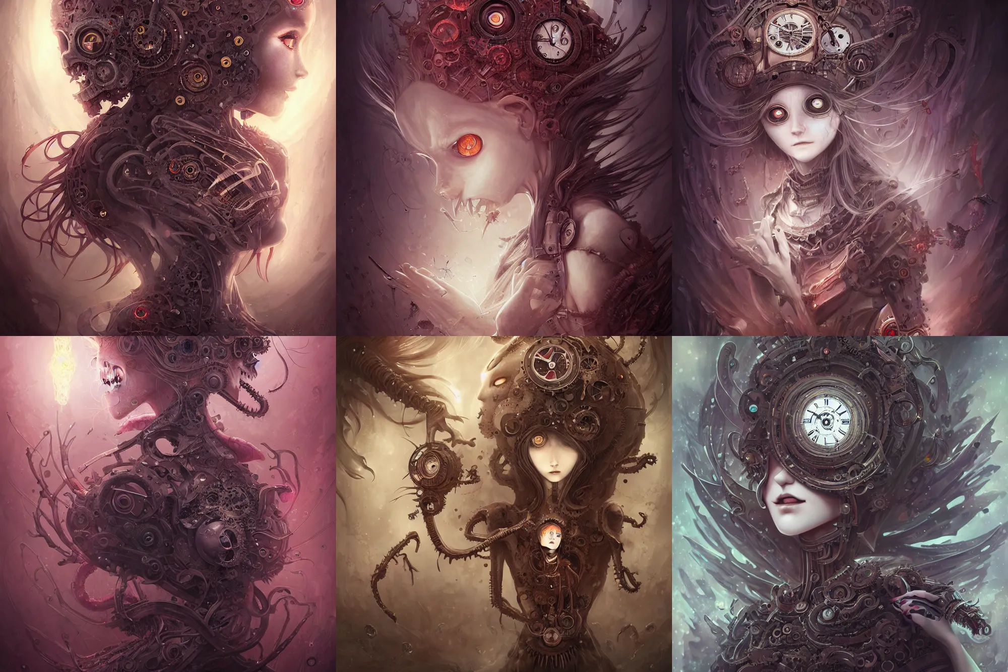 Prompt: detailed, sharp, humanoid female clockwork monster of necronomicon by Anna Dittmann and by studio ghibli. digital art. surreal. featured on art station. anime arts. featured on Pixiv, HD, 8K, highly detailed, good lighting