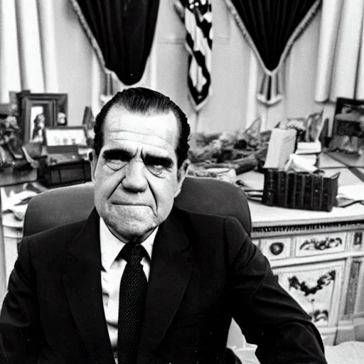 Image similar to Sad Richard Nixon drinking a bottle of vodka in the oval office, historical photo