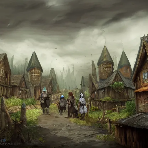 Image similar to villagers going about their day, medieval fantasy inspired, concept art, wide shot, cloudy, detailed, intricate, dynamic lighting, high resolution, village, shops, streets