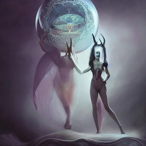 Prompt: By Tom Bagshaw, ultra realist soft painting render of a curiosities carnival scene, Beautiful demonic horned female in long curvy gothic dress watching an octane render of a floating transparent glass sphere, reflection and refraction, gods ray, symmetry accurate features, very intricate details, deep fog, dark fantasy background, artstation