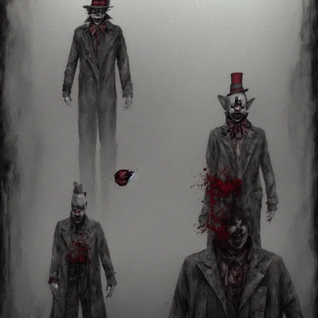 Prompt: A portrait of James Sunderland from Silent Hill 2 dressed as a clown standing in a foggy street, intricate, elegant, sharp focus, concept art, matte, art by Masahiro Ito