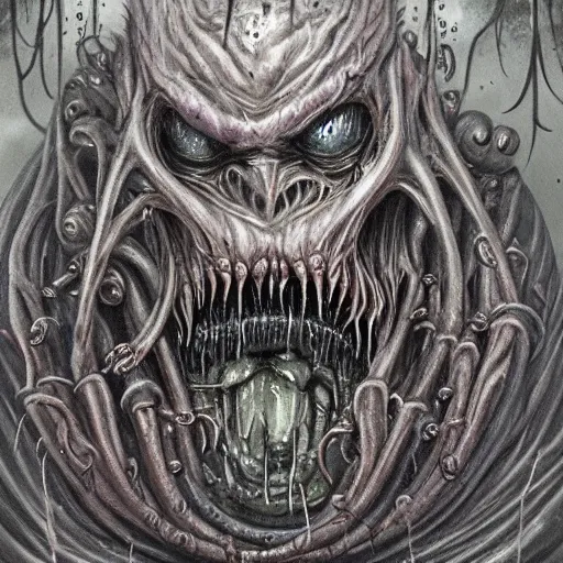 Prompt: Dark fantasy Painting of a hulking muscular demonic flesh creature covered in boils with drool dripping from its mouth, hr giger muscles, tentacles growing from its face, rising out of the depths of the foggy water, full body, disgusting, creepy, unsettling, horror, intricate, wild, highly detailed, digital painting, artstation, concept art, smooth, sharp focus, illustration, art by artgerm and greg rutkowski and alphonse mucha