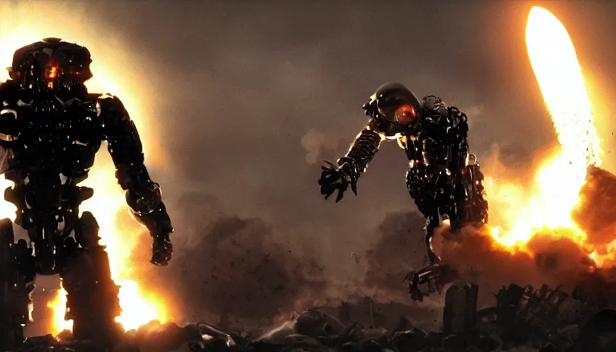 Image similar to big budget action movie about a nuclear missile and an atomic bomb ( ( and a demonic battle cyborg ) )