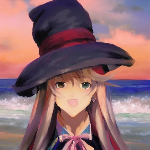 Image similar to Beautiful abstract portrait of Kirisame Marisa from the Touhou project at the beach at sunset, touhou project official artwork, danbooru, oil painting by Antoine Blanchard, sold at an auction, oil on canvas , wide strokes, pastel colors, soft lighting