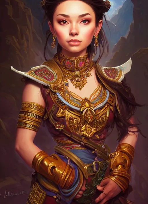 Image similar to portrait of russian mexican asian girl jodhpurs hyperborea lemuria, deep focus, d & d, fantasy, intricate, elegant, highly detailed, digital painting, artstation, concept art, matte, sharp focus, illustration, hearthstone, art by rhads by artgerm and greg rutkowski and alphonse mucha