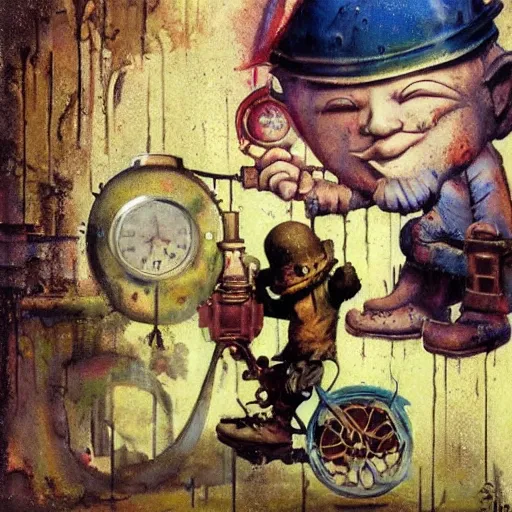 Image similar to Graffiti Spraypaint A gnome gnome riding a steampunk automaton clockwork golem golem by frank frazetta greg rutkowski alberto sughi elina brotherus peter doig robert rauschenberg mark ryden tombow