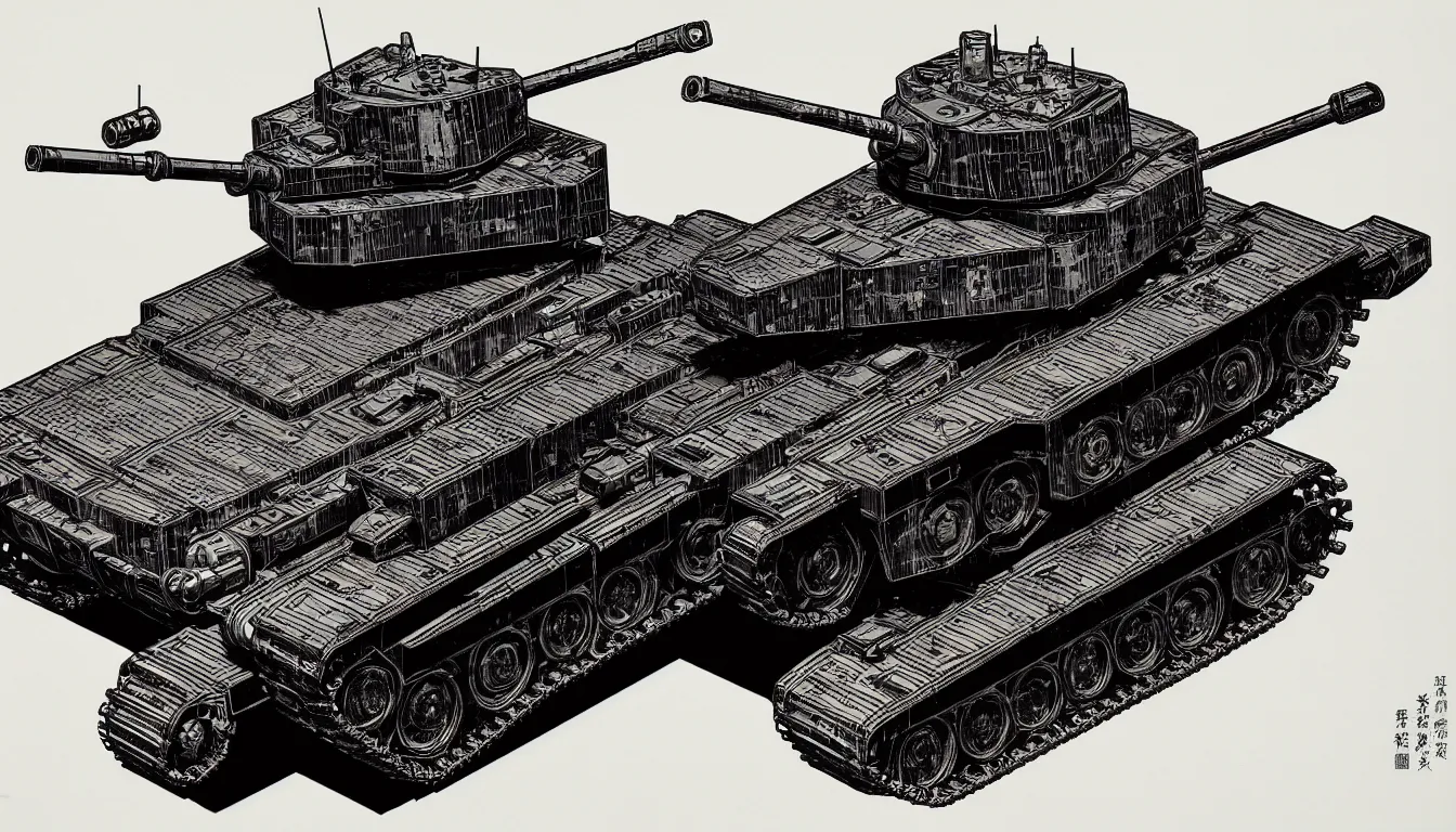 Image similar to a cyberpunk armored t - 8 4 tank by mumford and peter doig and edward hopper, symmetrical, minimal, black ink, thick lines highly detailed, muted colours, overlaid with chinese adverts, 8 k