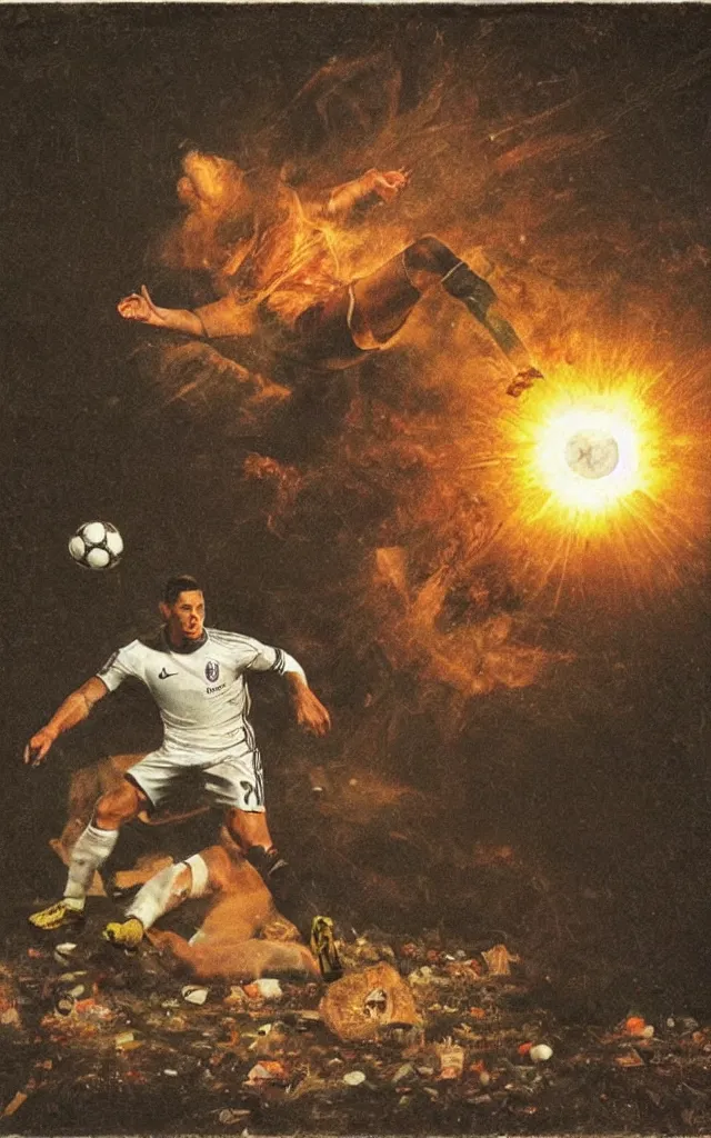 Prompt: scientific cristiano ronaldo soccer player surrounded by trash meanwhile another soccer player is tackling the nike ball in front of the light flare, night earth crust, trail cam, realistic photography paleoart, masterpiece album cover, by Goya and Velazquez