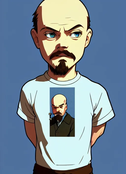 Image similar to art young lenin with razor blade, light blue eyes, pale skin, freckles, sad expression, t - shirt, modern casual clothing, natural lighting, path traced, highly detailed, high quality, cartoon, digital painting, by don bluth and ross tran and studio ghibli and alphonse mucha