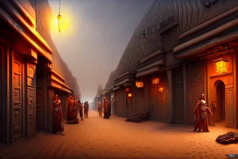 Image similar to a highly detailed bazaar street in the dune city of tyr from the land of athas, amazing dark sun digital painting, by gerald brom, brom digital art, intricate details, ultra realistic, beautiful art, volumetric lighting, stylized cell shading, warm colors advance cool colors recede, by brom, trending cgsociety, artstation, rim lighting, 8 k