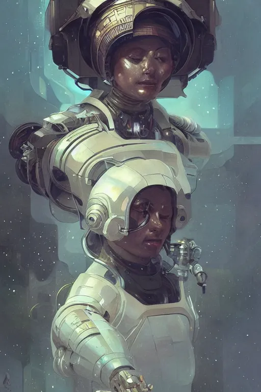 Image similar to A full portrait of a scifi heavy deep space miner, intricate, elegant, highly detailed, digital painting, artstation, concept art, smooth, sharp focus, illustration, art by Krenz Cushart and Artem Demura and alphonse mucha