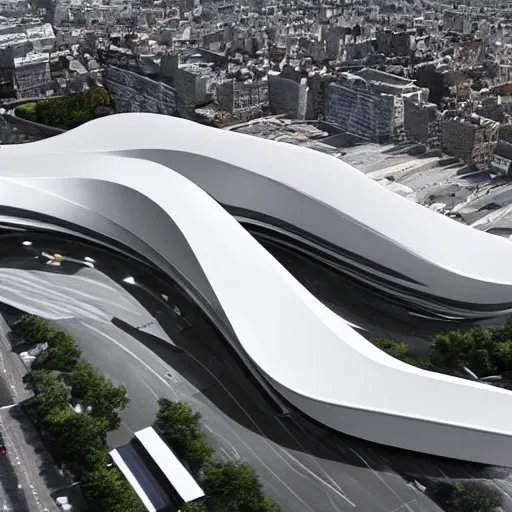 Prompt: raffaello moroder scissors building, external view, designed by zaha hadid, v ray, hd, futuristic