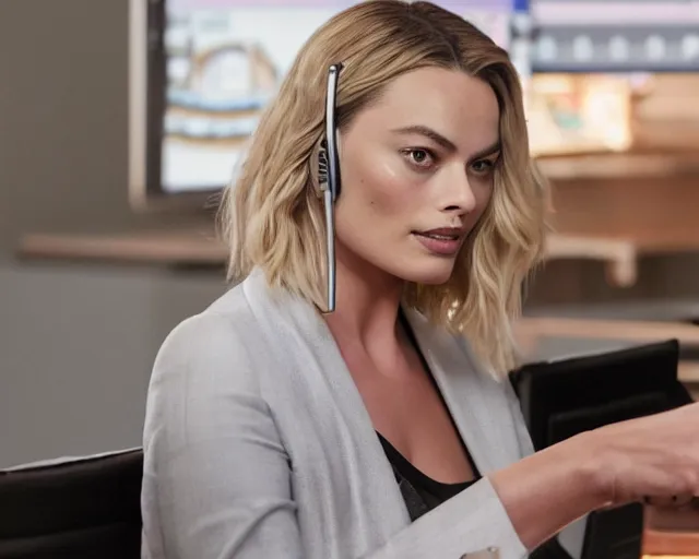 Image similar to sp - 4 0 4 audio sampling workstation being used by margot robbie, award winning product advertising still, 4 k 8 k 1 6 k