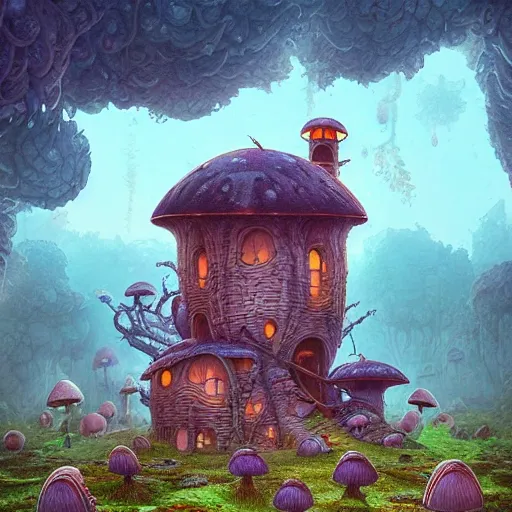 Prompt: a mushroom house in the middle of nowhere. detailed fantasy art, by ferdinand knab, simon stalenhag and beeple, and cyril rolando, doodle addicts