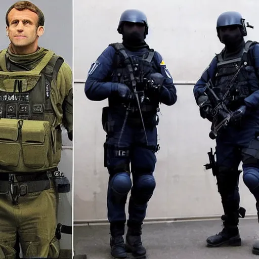 Prompt: emmanuel macron wearing a fbi swat sas police gign tactical suit wearing a fbi swat sas police gign tactical suit