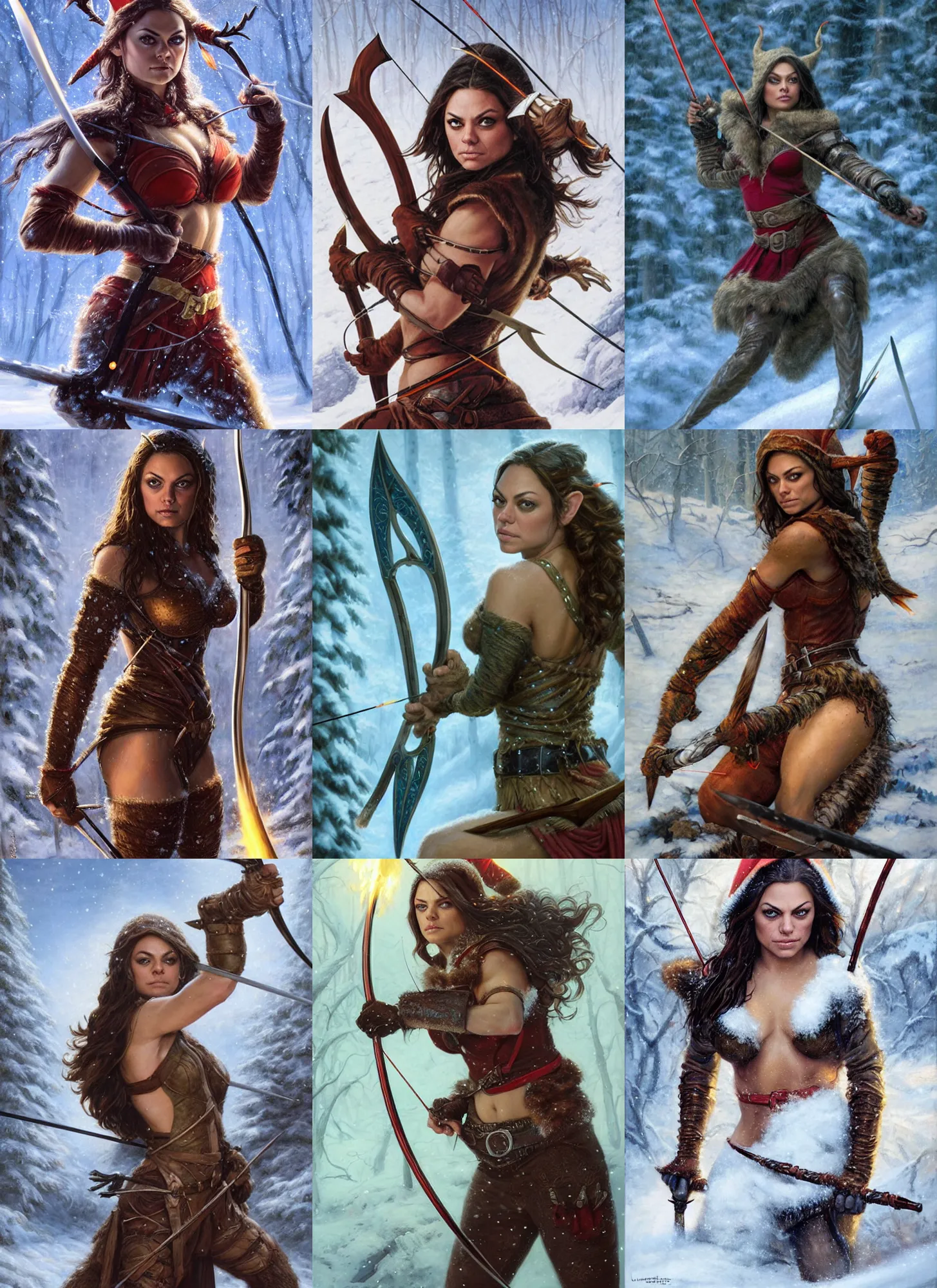 Image similar to face portrait of Mila Kunis as a muscled elf wielding huntsmen bow aiming a flaming arrow, snowy winter scene, Donato Giancola, Mark Brooks, Ralph Horsley, Charlie Bowater, Artgerm, Christopher Balaskas, Bastien Lecouffe-Deharme, Boris Vallejo