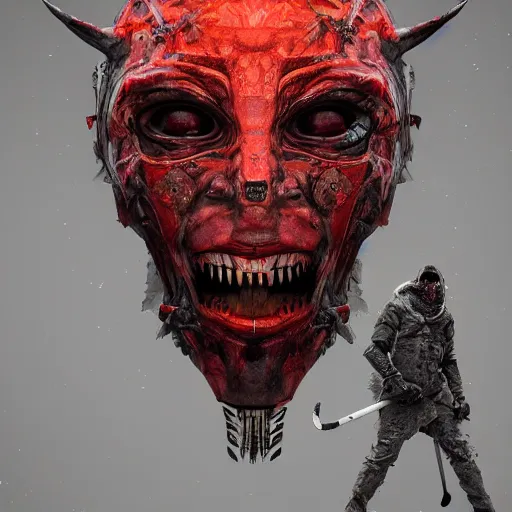 Image similar to Very very very very highly detailed epic central composition photo of demonic face with hockey mask, intricate, dystopian, sci-fi, extremely detailed, digital painting, artstation, concept art, smooth, sharp focus, illustration, intimidating lighting, incredible art, Octane render in Maya and Houdini