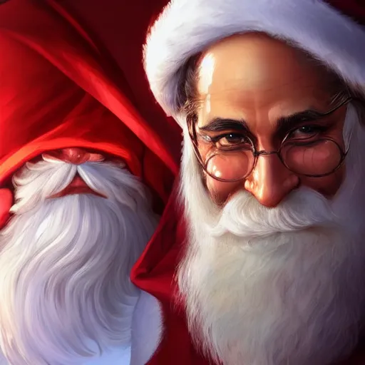 Image similar to Hanif Bali as Santa Claus, closeup, D&D, fantasy, intricate, elegant, highly detailed, digital painting, artstation, concept art, matte, sharp focus, illustration, hearthstone, art by Artgerm and Greg Rutkowski and Alphonse Mucha