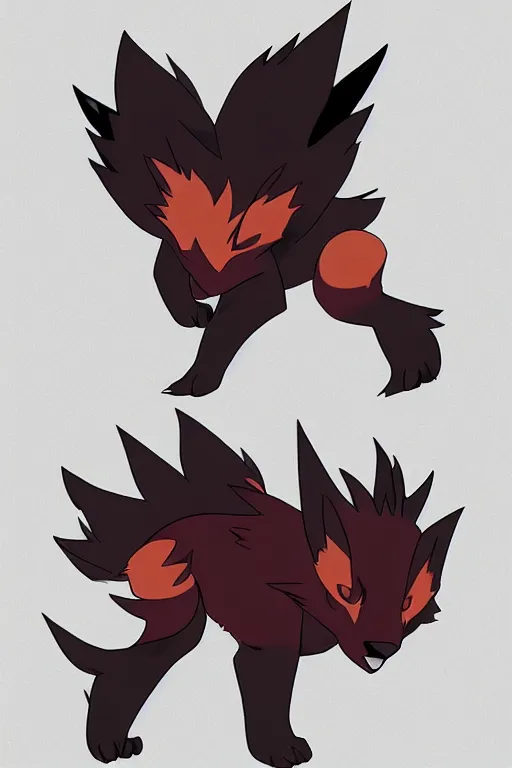 Prompt: zorua pokemon, stylised fox - like appearance, black and auburn colour pallet, thick furry neck and chest fluff, stylised 🖌 - like hair, pokemon concept art with multiple angles, super detailed, clean lines, digital art