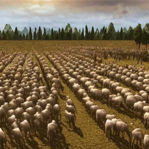 Image similar to an army of cows, chickens and pigs enslaving humans, horror, 8k, photorealistic,