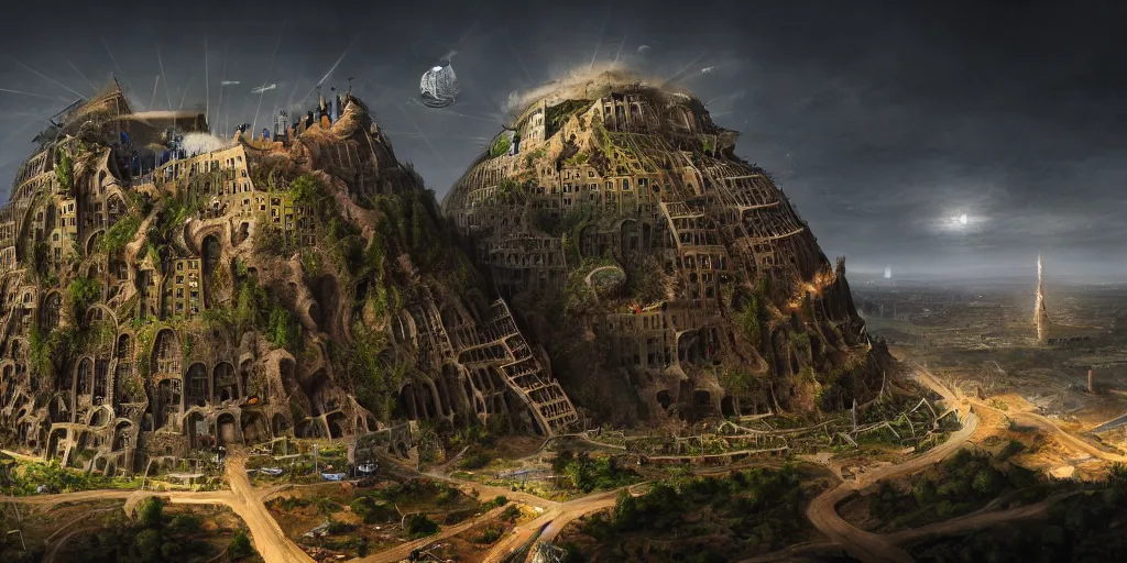 Prompt: Bruegels The Tower of Babel, solarpunk city, atmospheric lighting, hyperrealistic, realistic, photorealistic, dynamic lighting, highly detailed, cinematic landscape, studio landscape, studio lighting by Romain Jouandeau